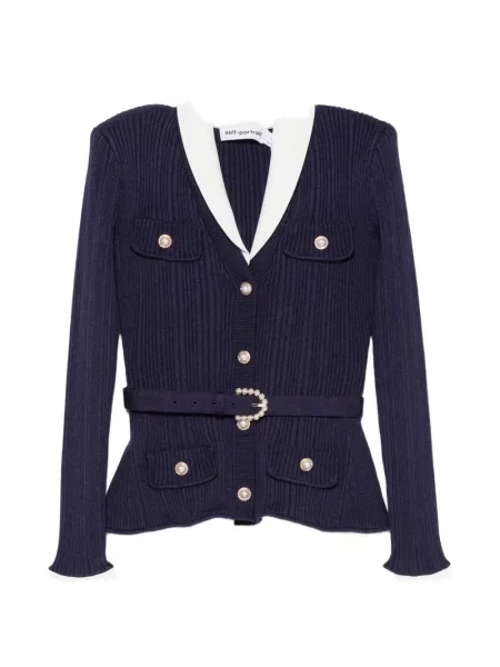 Cu centură cardigan Self-portrait tricotate albastru