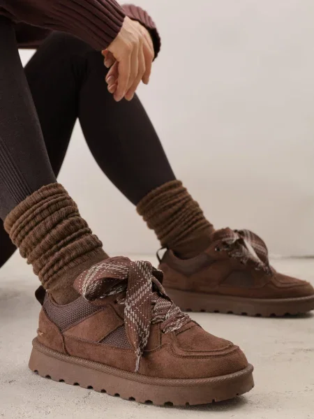 Śniegowce w Stylu Sneakersów Chunky ze Sznurowaniem i Bieżnikiem Iitha brązowe