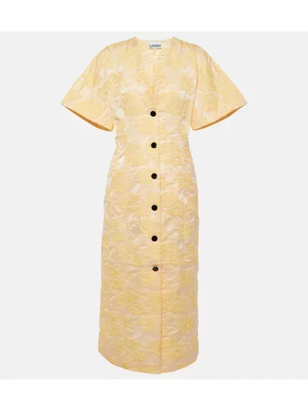 Rochie tip cămașă Ganni cu model floral din jacard de costum galben