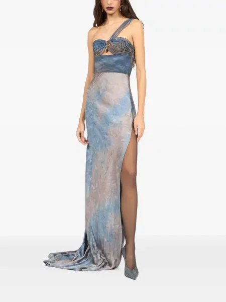 Rochie maxi Roberto Cavalli cu model piele de șarpe cu un umăr gol albastru