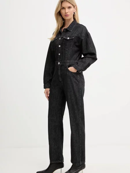 Haveone kombinezon jeansowy z kołnierzykiemm czarny