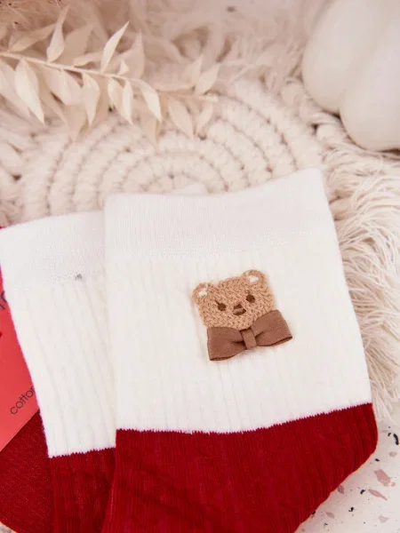 Плюшено мече чорапи Aura.via с панделка бяло