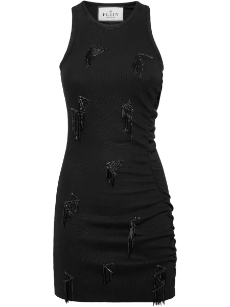 Sukienka mini Philipp Plein z frędzli garniturowa prążkowana czarna