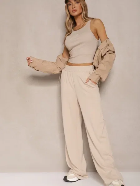 Spodnie o Szerokim Kroju High Waist z Gumką w Pasie Belobira beżowe