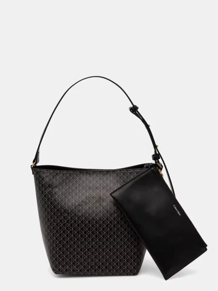 Geantă Calvin Klein Emblem Aop Medium Bucket negru