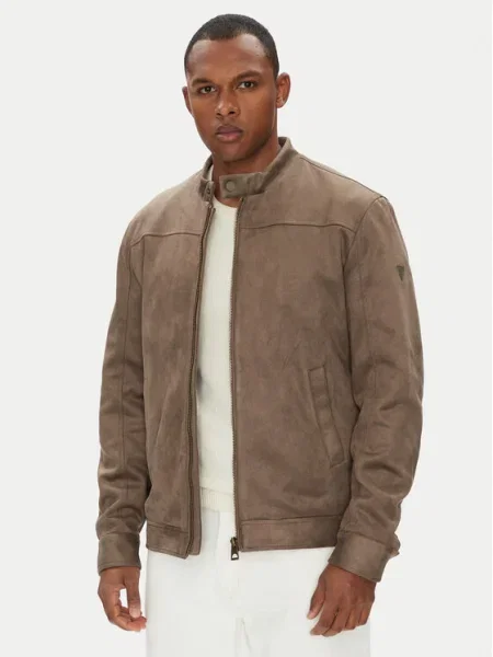 Geacă bomber Guess din piele de căprioară albastru