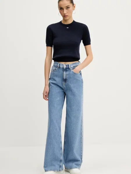 Tommy Jeans pulover s kratkimi rokavi bombažen modra