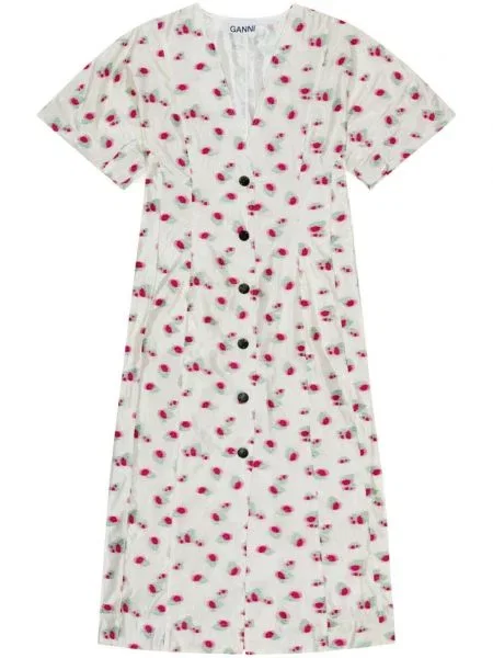 Sukienka midi Ganni w kwiatki z nadrukiem z organzy biała