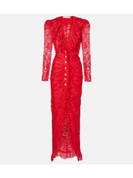Maksi obleka Alessandra Rich z volani s čipko rdeča