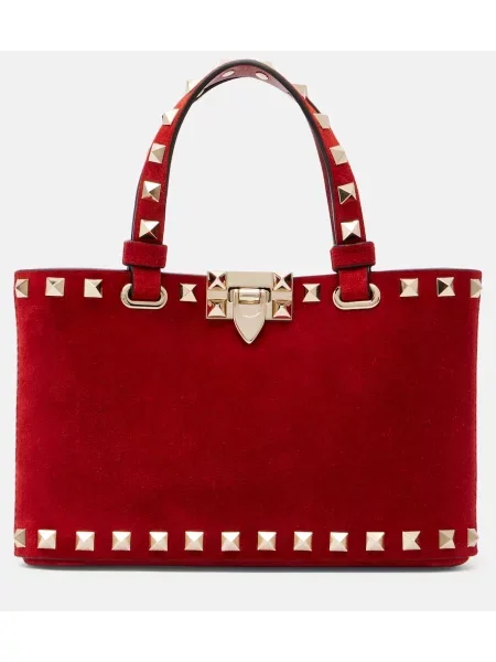 Geantă shopper Valentino Garavani din piele de căprioară roșu