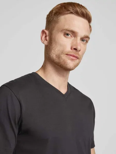 T-shirt z prążkowanym dekoltem w serek w zestawie 2 szt. Ragman czarna