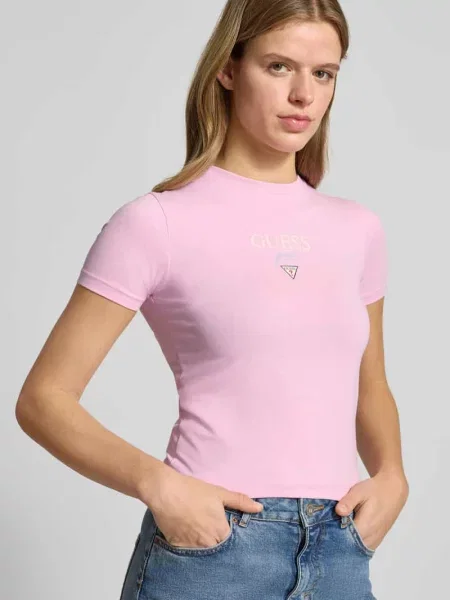 Koszulka z logo i okrągłym dekoltem Guess Jeans różowa