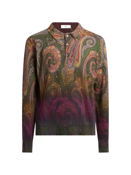 Lung tricou polo Etro de lână cu model paisley verde
