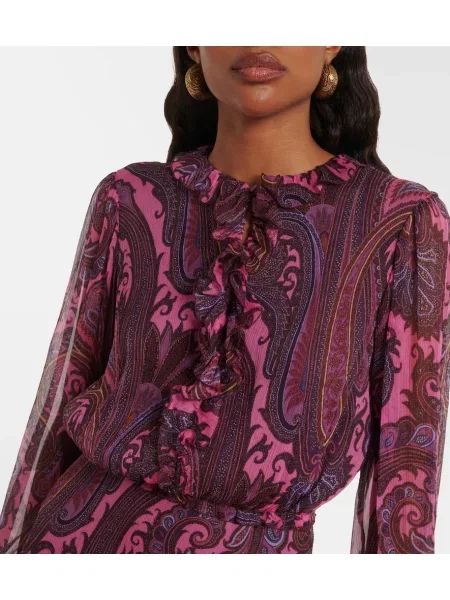 Rochie Etro de mătase cu volane cu model paisley violet