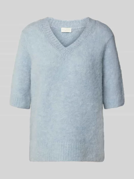 Sweter z dzianiny z dekoltem w serek i rękawami o dł. Milano Italy błękitny
