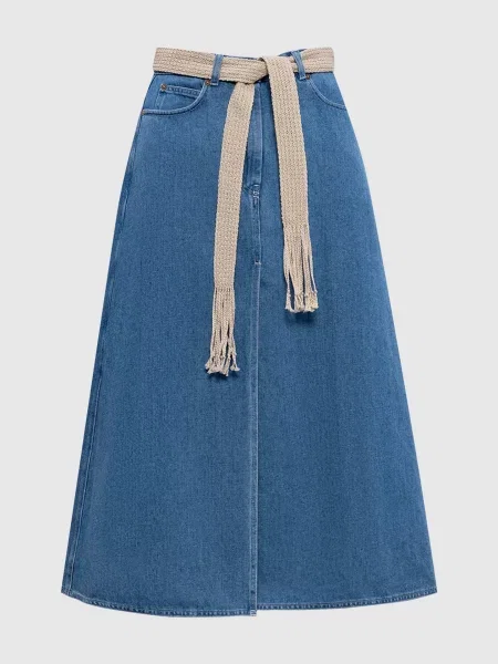 Джинсова спідниця міді з льоном Agnona блакитна