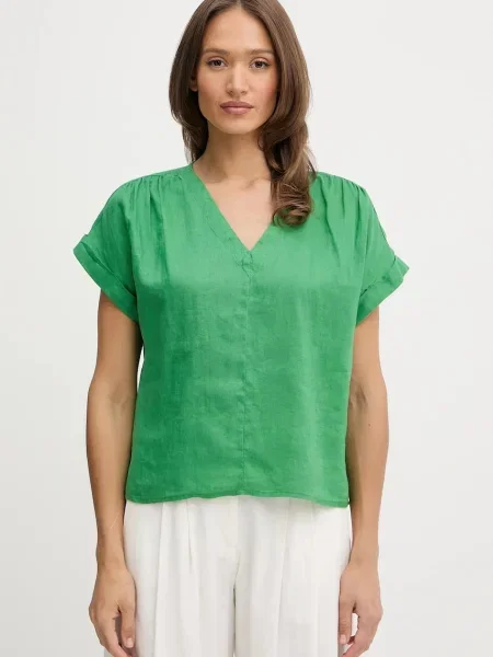 Ленена блуза United Colors of Benetton дамска с изчистен дизайн зелено