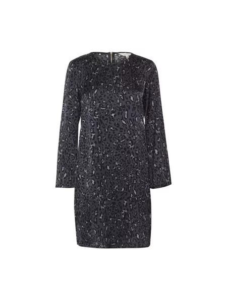 Lniana sukienka Part Two w panterkę z długim rękawem granatowa