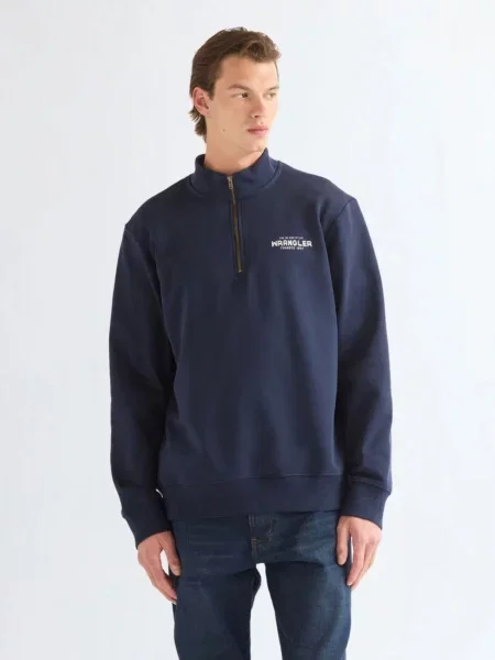 WRANGLER Tréning póló FUNNEL NECK ZIP BLACK IRIS kék fekete