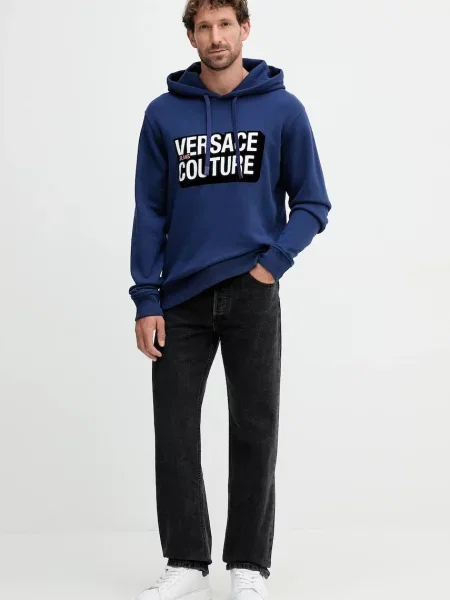 Versace Jeans Couture bluza z kapturem z nadrukiem granatowy