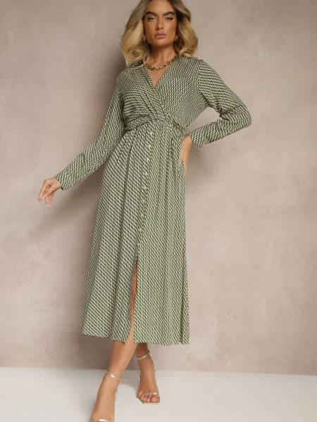 Sukienka z w Pepitkę o Kopertowym Kroju z Gumkami w Talii Vaileissa zielona