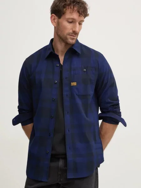 Риза G-Star Raw мъжка със стандартна кройка с класическа яка тъмносиньо