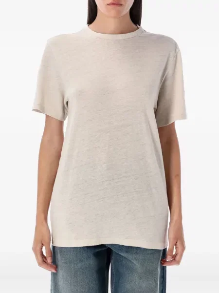 Lniana koszulka Marant Etoile z okrągłym dekoltem brązowa