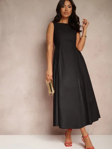 Rozkloszowana Sukienka Koktajlowa z Bawełny z Dekoltem Łódką i Fanilra czarna