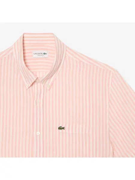Lacoste Lniana Koszula Z Krótkim Rękawem O Kroju Regular Fit różowy