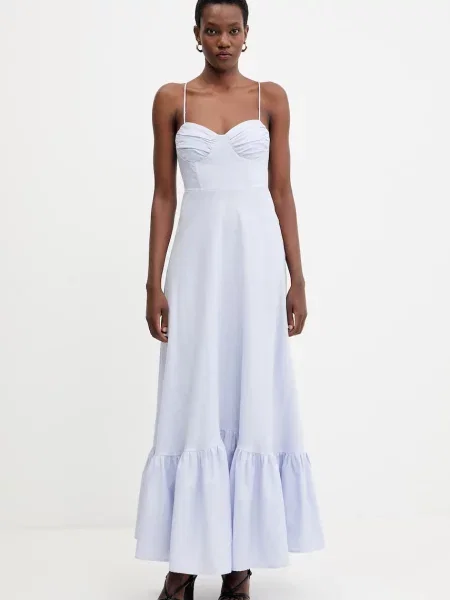Bardot rochie din in maxi evazati albastru