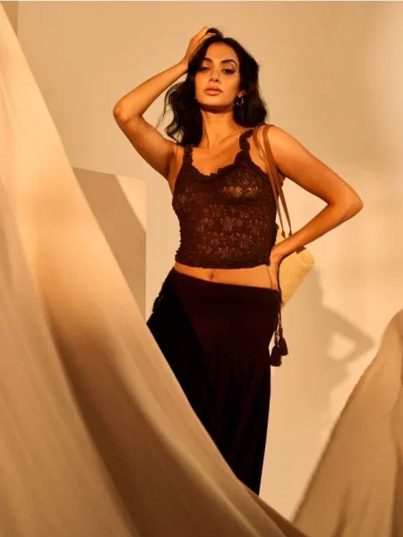 Спідниця міді зі зборками та декоративними китицями коричневий