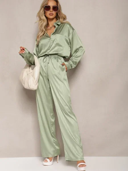 Pantaloni largi cu în talie și model strălucitor în dungi Zoyama verzi