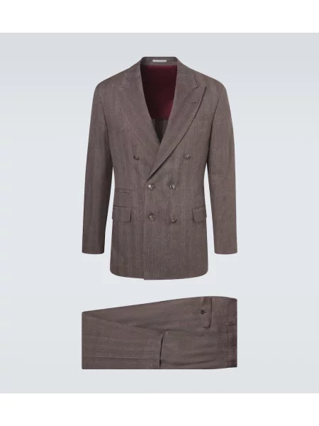 Costum de in Brunello Cucinelli de lână cu model herringbone maro