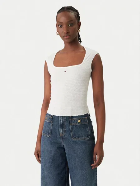 Tommy Jeans Top Smock Seersucker alb