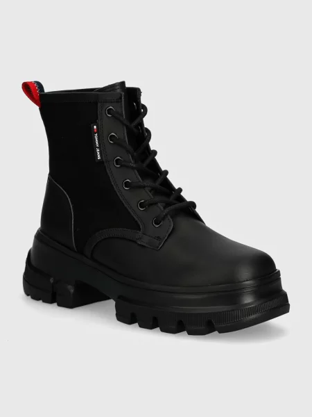 Nízké kozačky Tommy Jeans TJW CHUNKY LACE UP BOOT MIX MAT na platformě černá