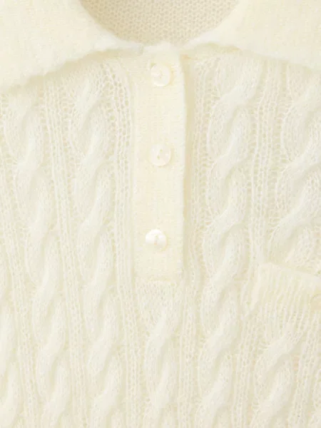 Sweter ze splotem warkoczowym i kołnierzykiem polo waniliowy Kobieta XL MANGO