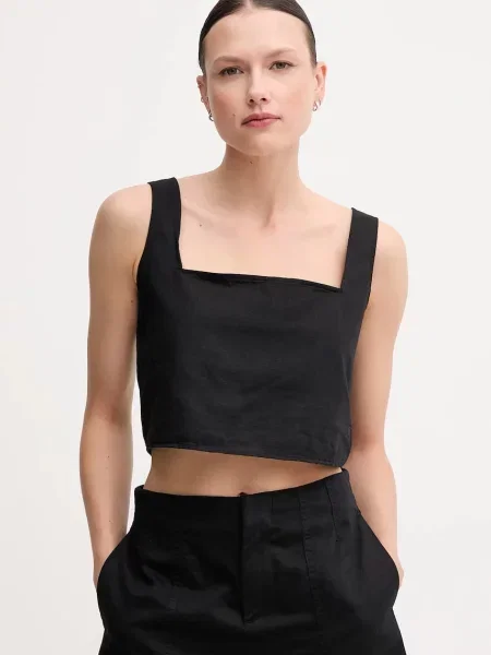 Блуза с лен Calvin Klein Jeans дамска с изчистен дизайн черно