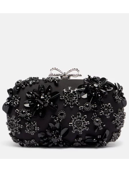 Geantă plic Self-portrait din satin cu model floral negru