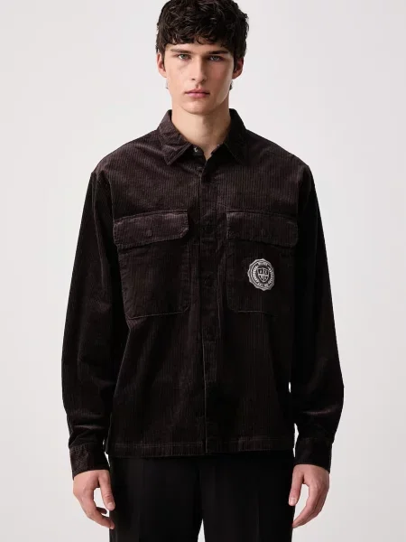 Armani Exchange cămașă pentru bărbați din catifea reiată maro