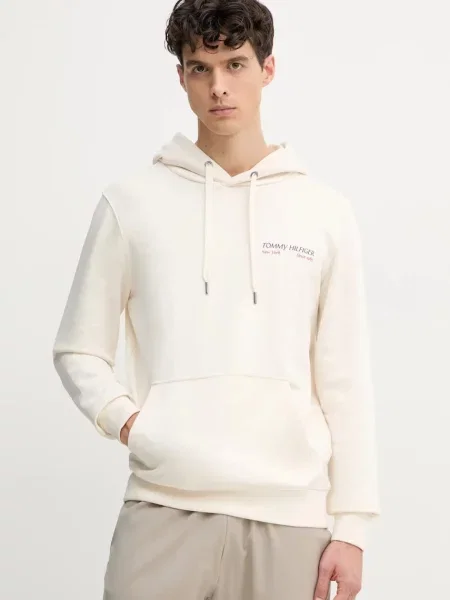 Bombažen pulover Tommy Hilfiger s kapuco bež