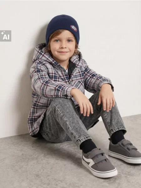 Sinsay Košile bunda s kapucí v kostce šedá