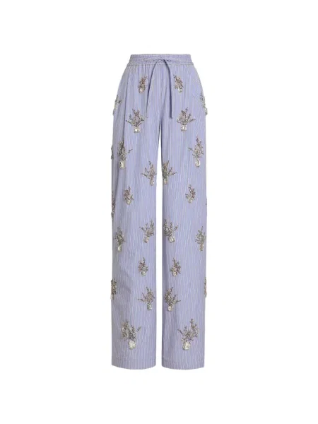 Pantaloni Dolce & Gabbana cu broderie cu model floral din poplin albastru