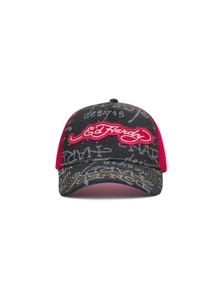 Ed Hardy Čiapka sivá / červená / čierny denim biela