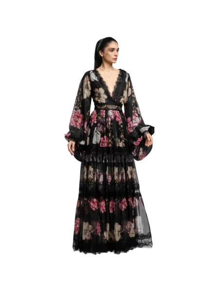 Rochie maxi Miau By Clara Rotescu cu model floral din dantelă negru