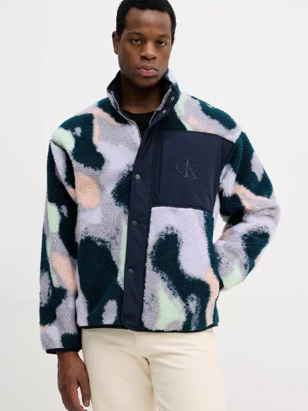 Dukserica od flisa Calvin Klein Jeans tamno s uzorkom plava