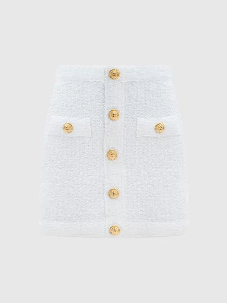Твидовая юбка мини Balmain с заклепками белая
