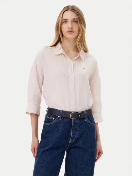 Tommy Hilfiger koszula lniana relaxed z kołnierzykiem klasycznym różowy