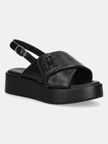 Кожени сандали Tommy Hilfiger TH LOGO HW PADDED LEATHER SANDAL с платформа черно