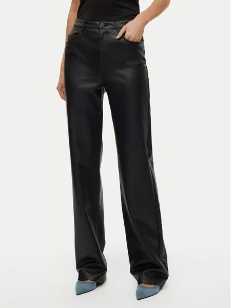 Vero Moda Dirbtinės odos kelnės Tessa Wide Leg juoda