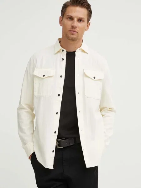 Риза G-Star Raw мъжка зелено със стандартна кройка с класическа яка бежово
